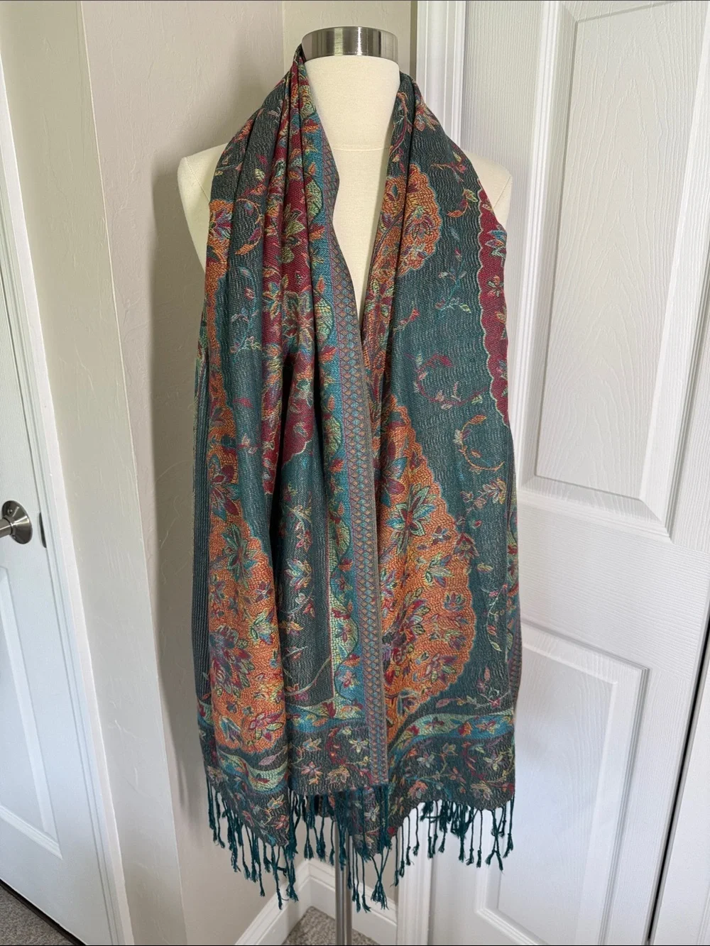 Teal, burgundy maroon and gold paisley print scarf/shawl pashmina